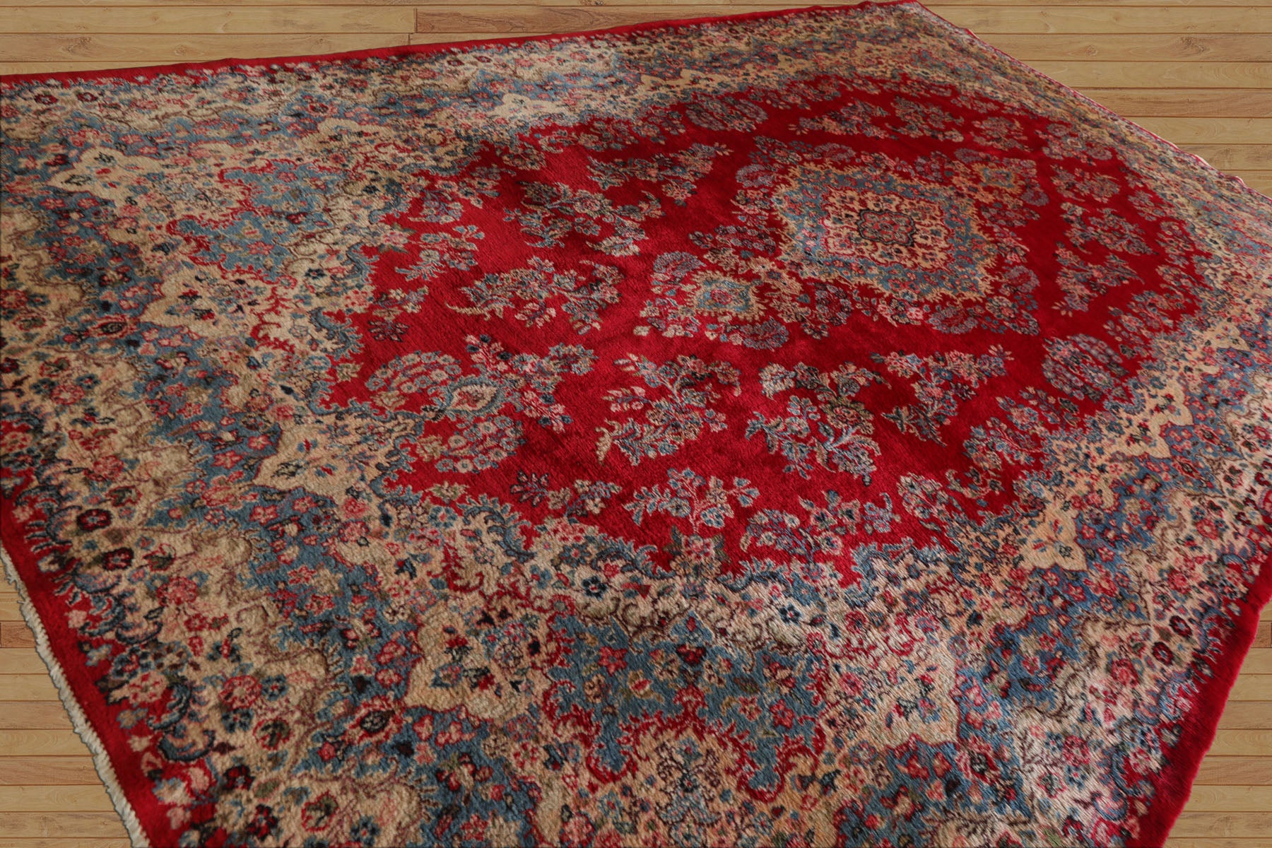12x18 Red, Aqua, Ivory Color Hand Knotted Kerman Wool Traditional Oriental Rug