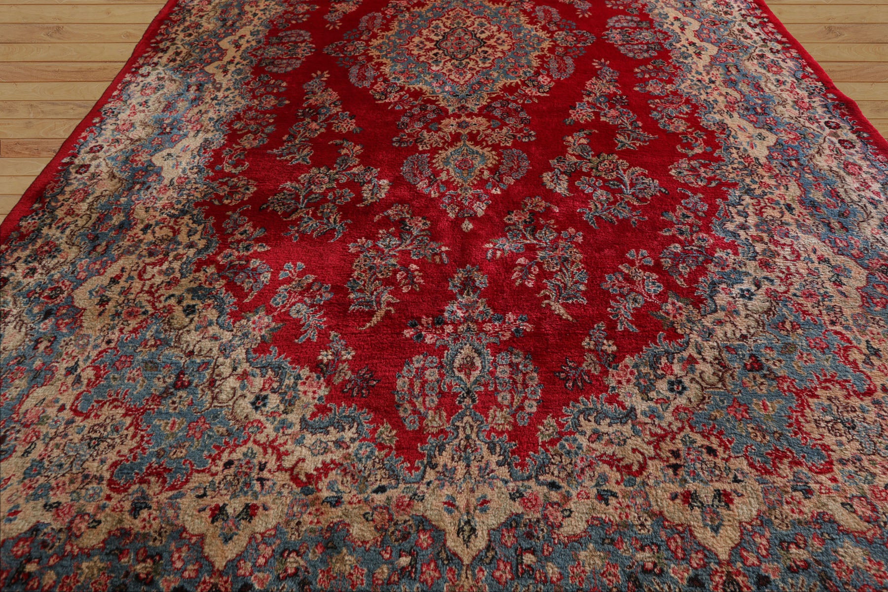 12x18 Red, Aqua, Ivory Color Hand Knotted Kerman Wool Traditional Oriental Rug