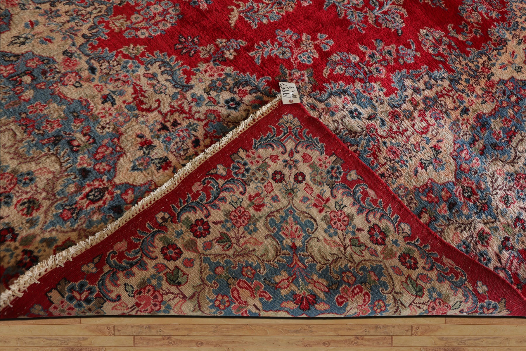 12x18 Red, Aqua, Ivory Color Hand Knotted Kerman Wool Traditional Oriental Rug