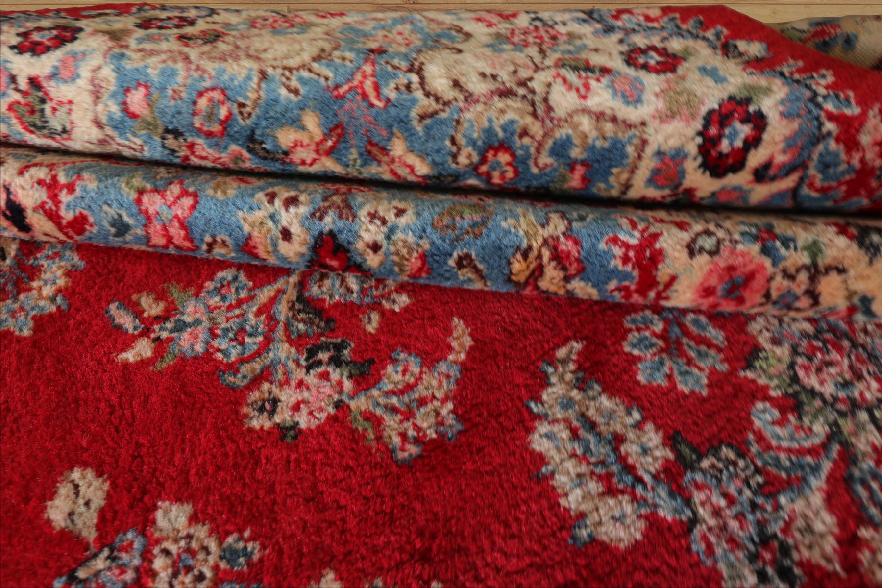 12x18 Red, Aqua, Ivory Color Hand Knotted Kerman Wool Traditional Oriental Rug