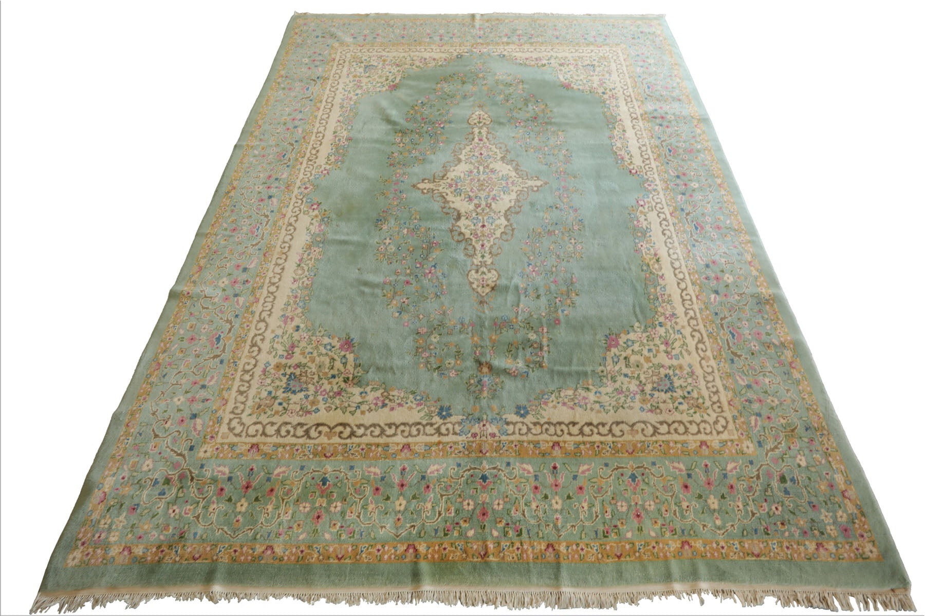 12x15 Sea Foam, Ivory, Brown Color Hand Knotted Kerman Silk Traditional Oriental Rug