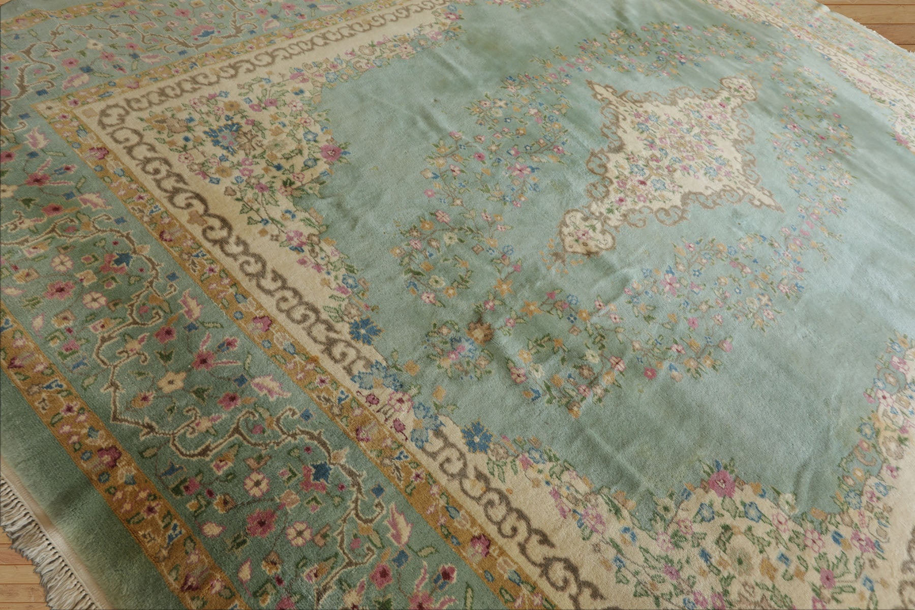 12x15 Sea Foam, Ivory, Brown Color Hand Knotted Kerman Silk Traditional Oriental Rug