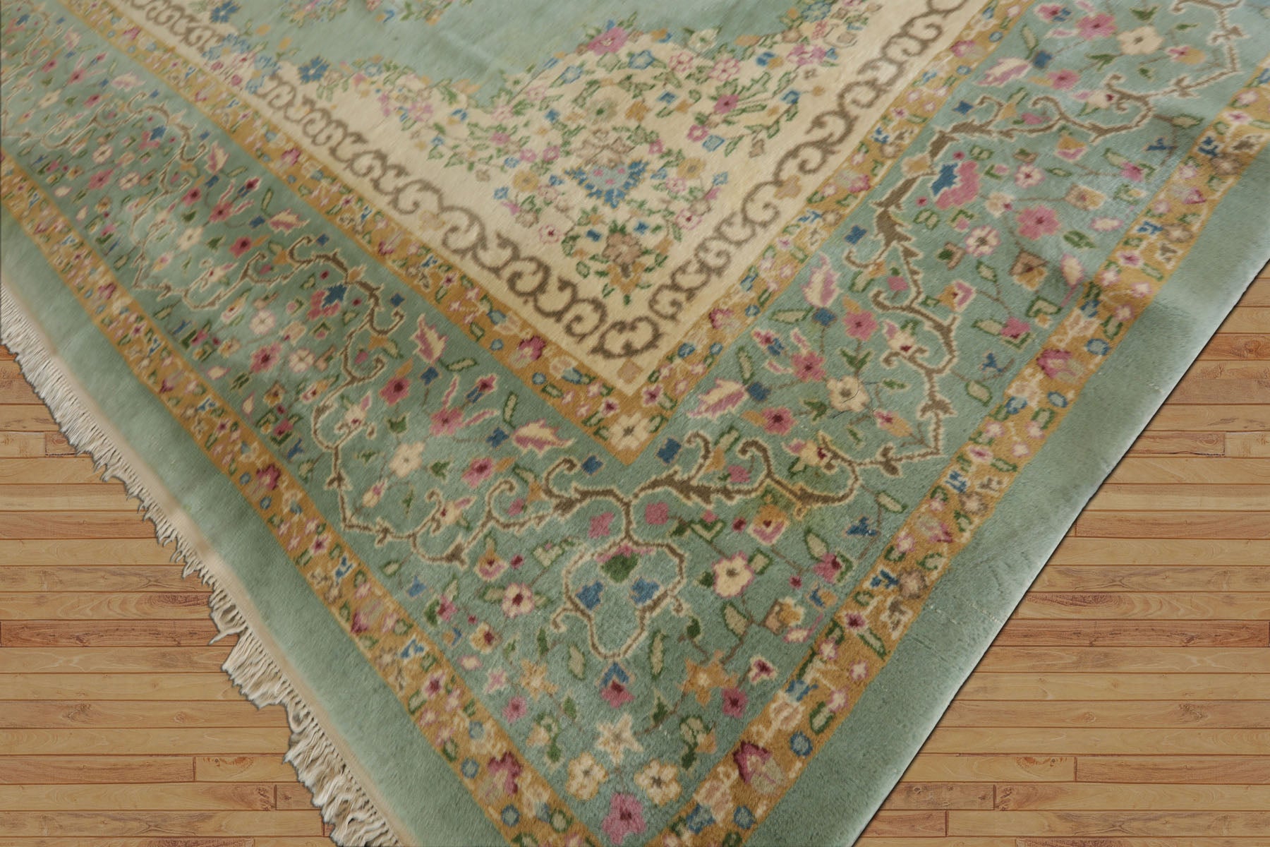 12x15 Sea Foam, Ivory, Brown Color Hand Knotted Kerman Silk Traditional Oriental Rug