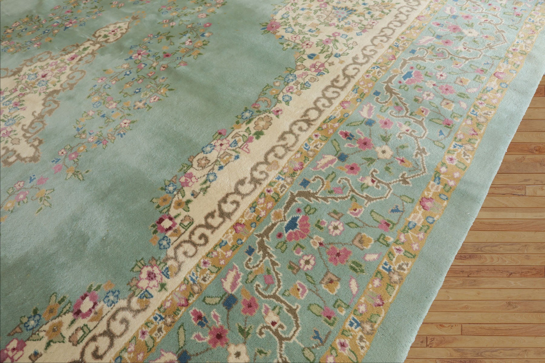 12x15 Sea Foam, Ivory, Brown Color Hand Knotted Kerman Silk Traditional Oriental Rug