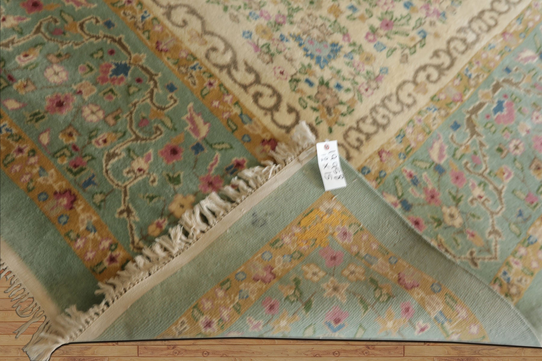 12x15 Sea Foam, Ivory, Brown Color Hand Knotted Kerman Silk Traditional Oriental Rug