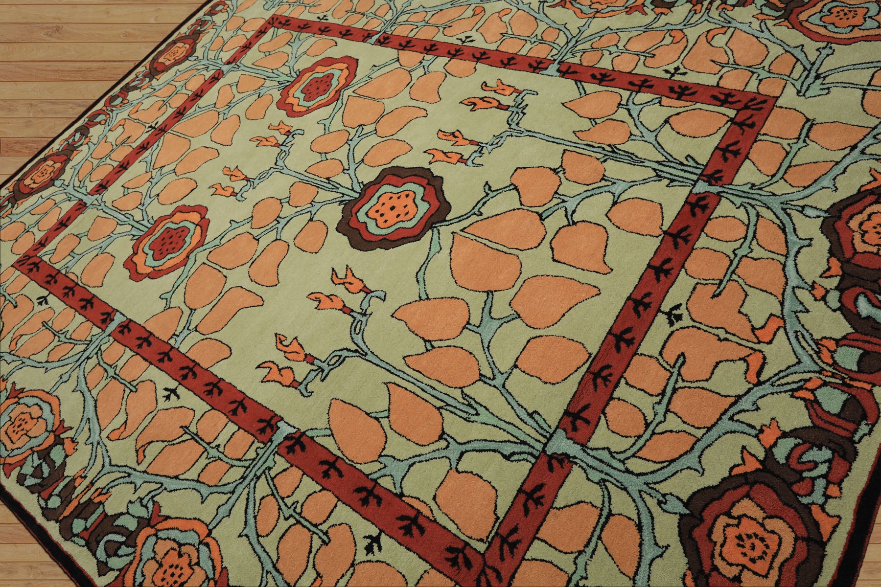 Multi Size Mint Peach Aqua Color Hand Tufted William Morris Wool Arts & Crafts Oriental Rug