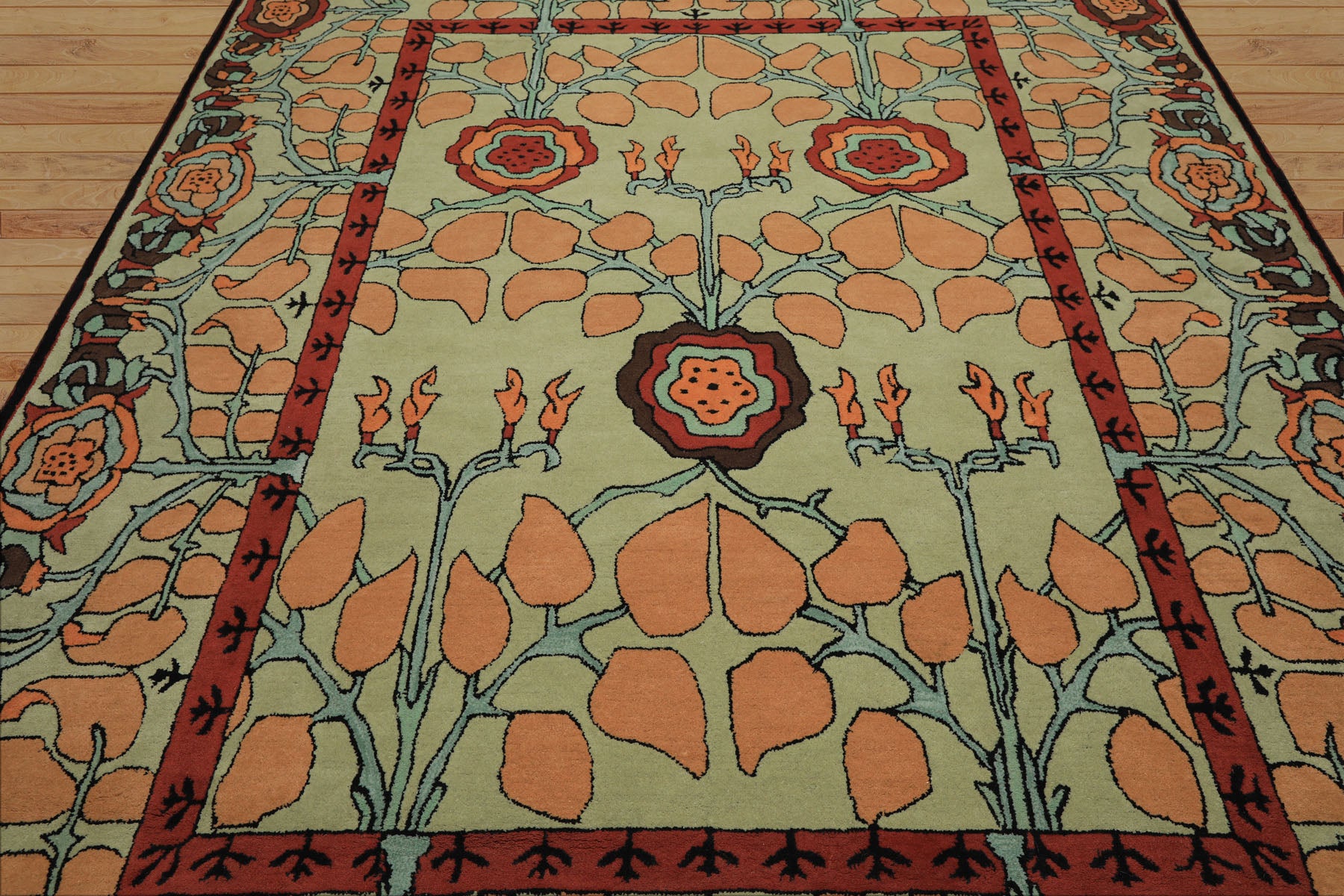 Multi Size Mint Peach Aqua Color Hand Tufted William Morris Wool Arts & Crafts Oriental Rug