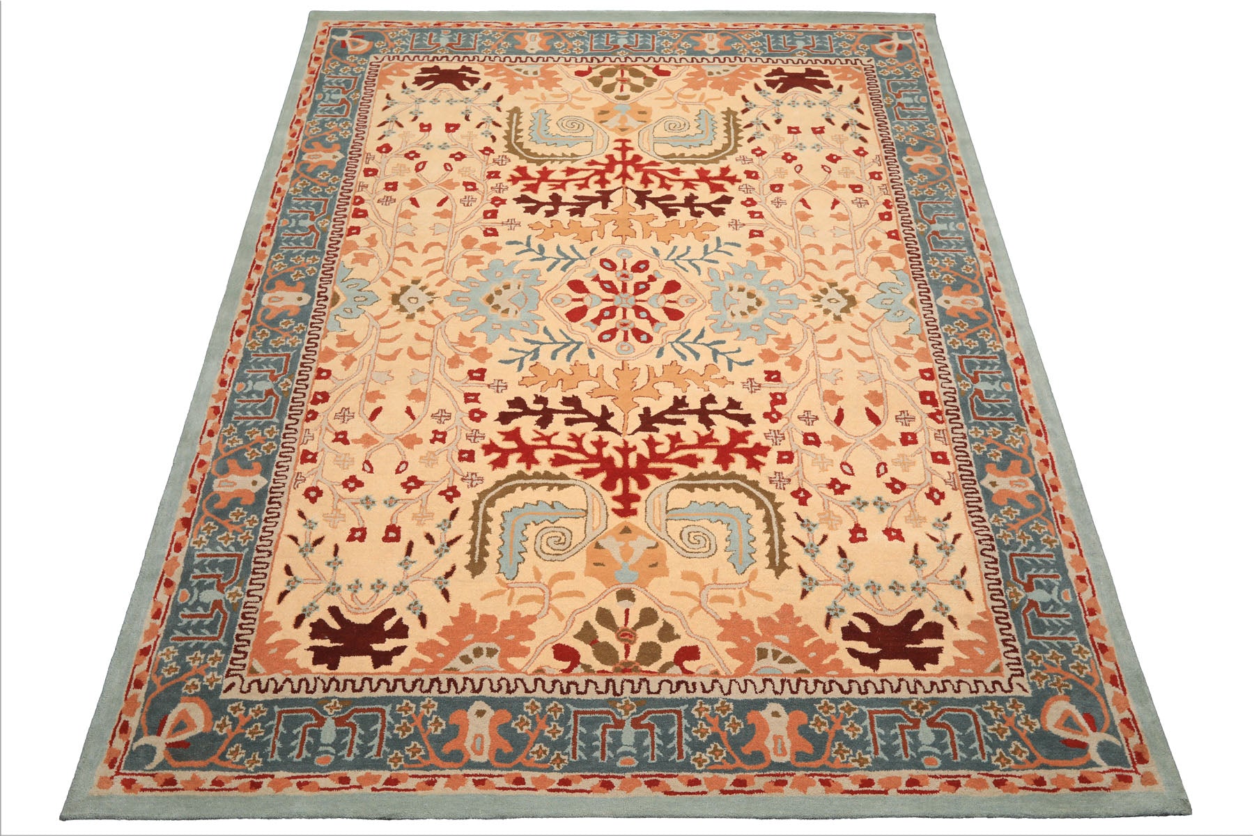 8x10 Light Peach
, Aqua
, Rust
 Color Hand Tufted William Morris
 Wool Arts & Crafts
 Oriental Rug