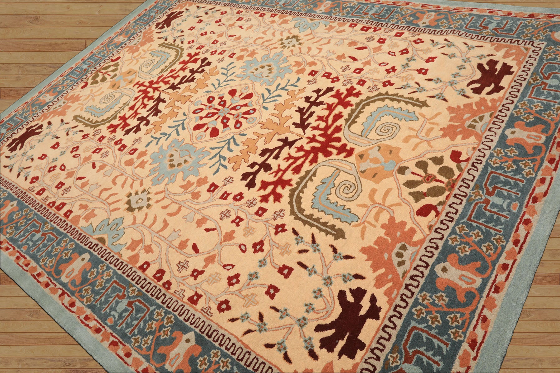8x10 Light Peach
, Aqua
, Rust
 Color Hand Tufted William Morris
 Wool Arts & Crafts
 Oriental Rug