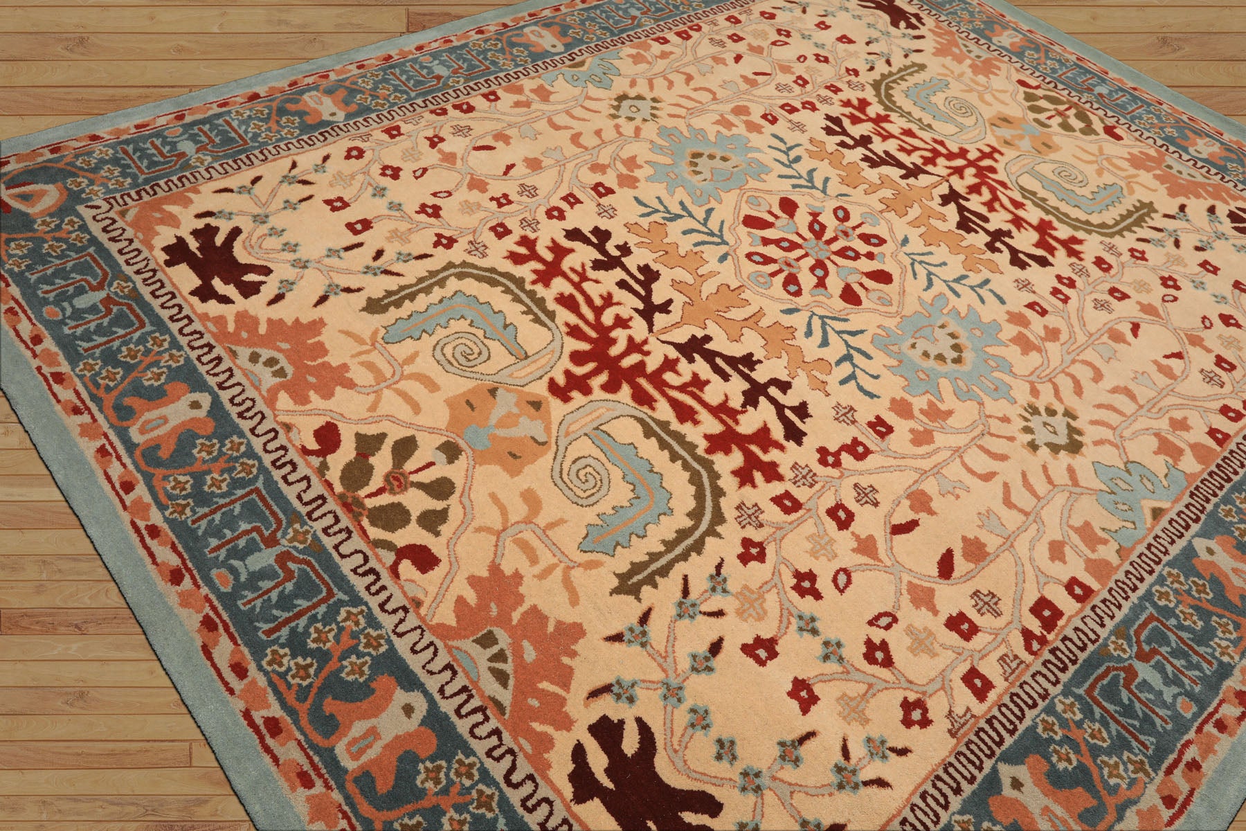 8x10 Light Peach
, Aqua
, Rust
 Color Hand Tufted William Morris
 Wool Arts & Crafts
 Oriental Rug