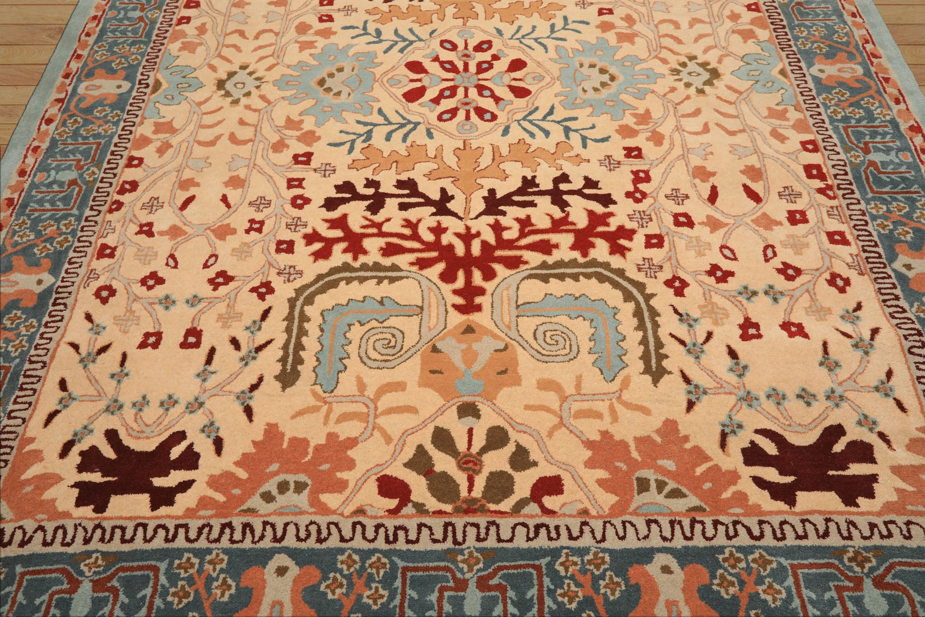 8x10 Light Peach
, Aqua
, Rust
 Color Hand Tufted William Morris
 Wool Arts & Crafts
 Oriental Rug