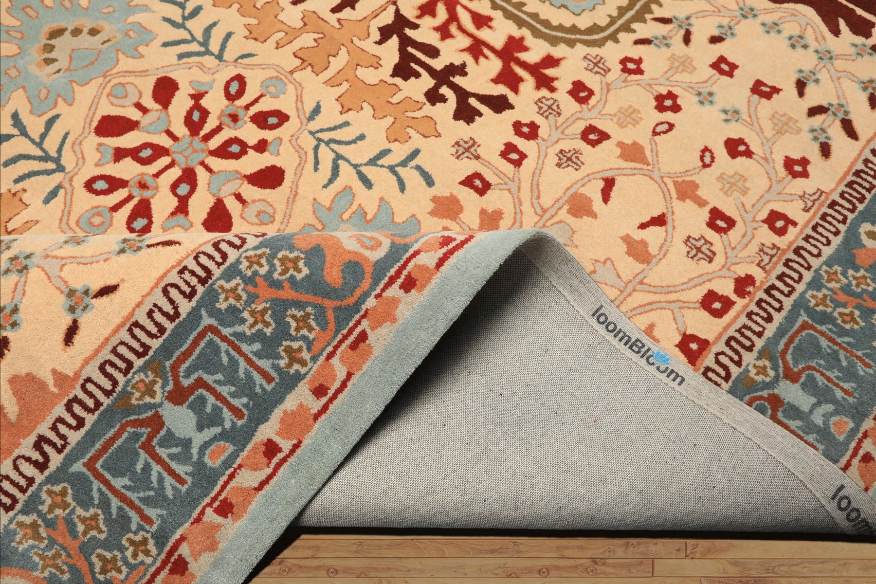 8x10 Light Peach
, Aqua
, Rust
 Color Hand Tufted William Morris
 Wool Arts & Crafts
 Oriental Rug