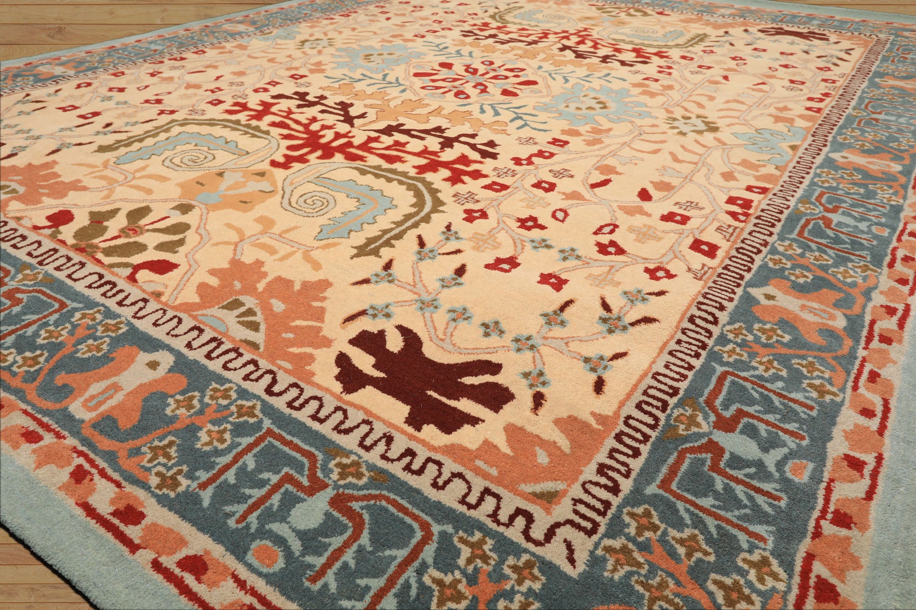 8x10 Light Peach
, Aqua
, Rust
 Color Hand Tufted William Morris
 Wool Arts & Crafts
 Oriental Rug