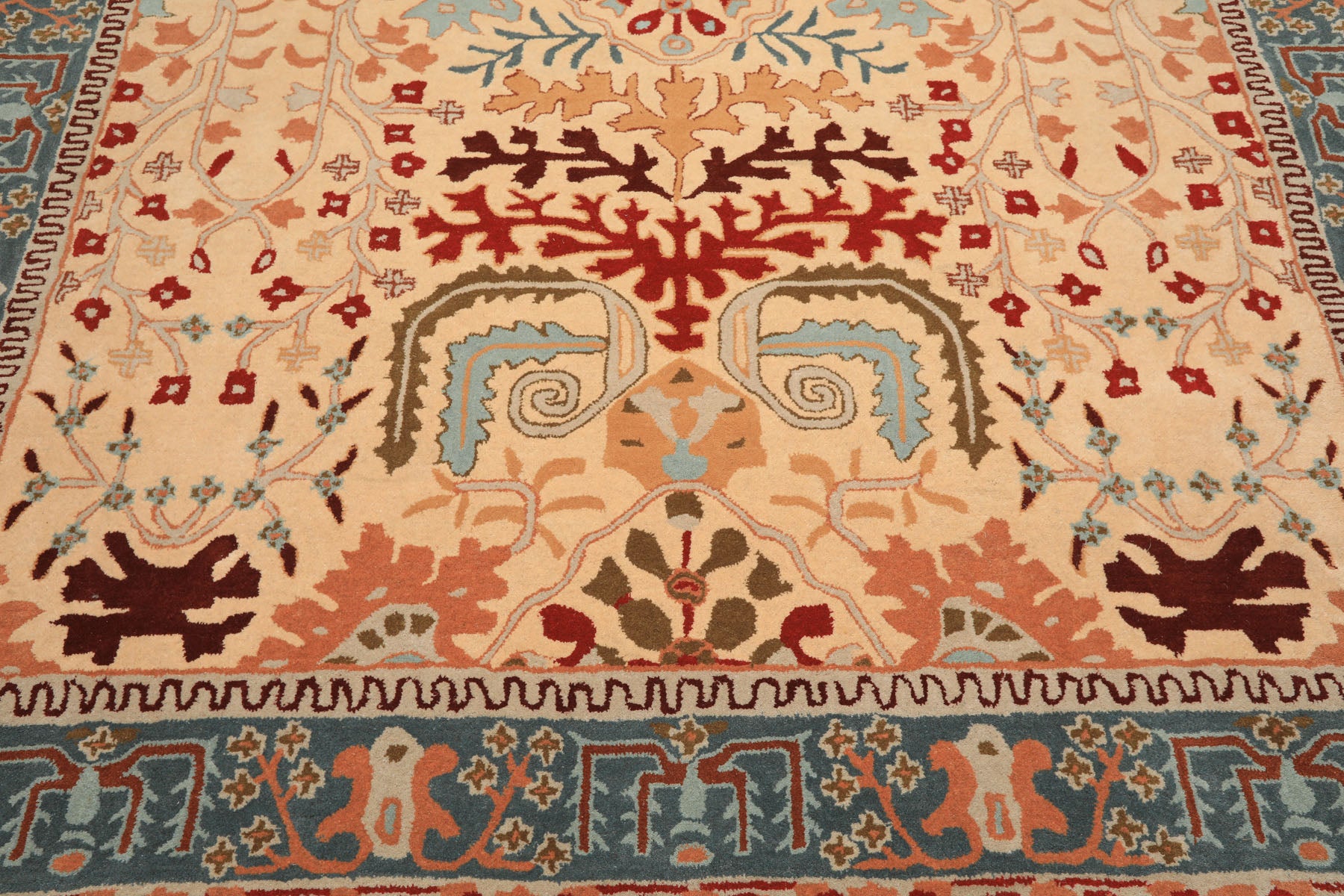 8x10 Light Peach
, Aqua
, Rust
 Color Hand Tufted William Morris
 Wool Arts & Crafts
 Oriental Rug