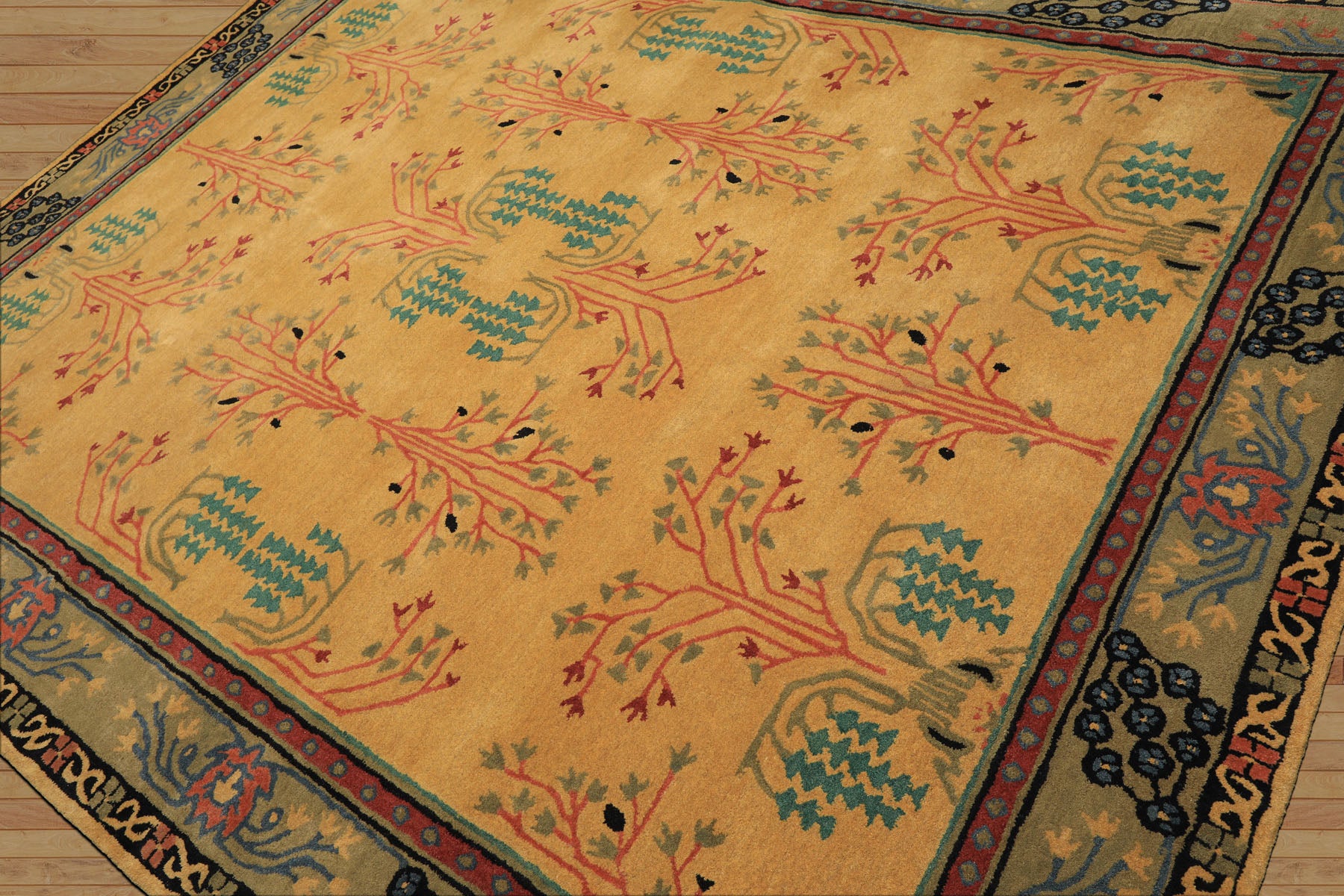 Multi Size Gold Pistacchio Raspberry Color Hand Tufted Donegal Wool Arts & Crafts Oriental Rug