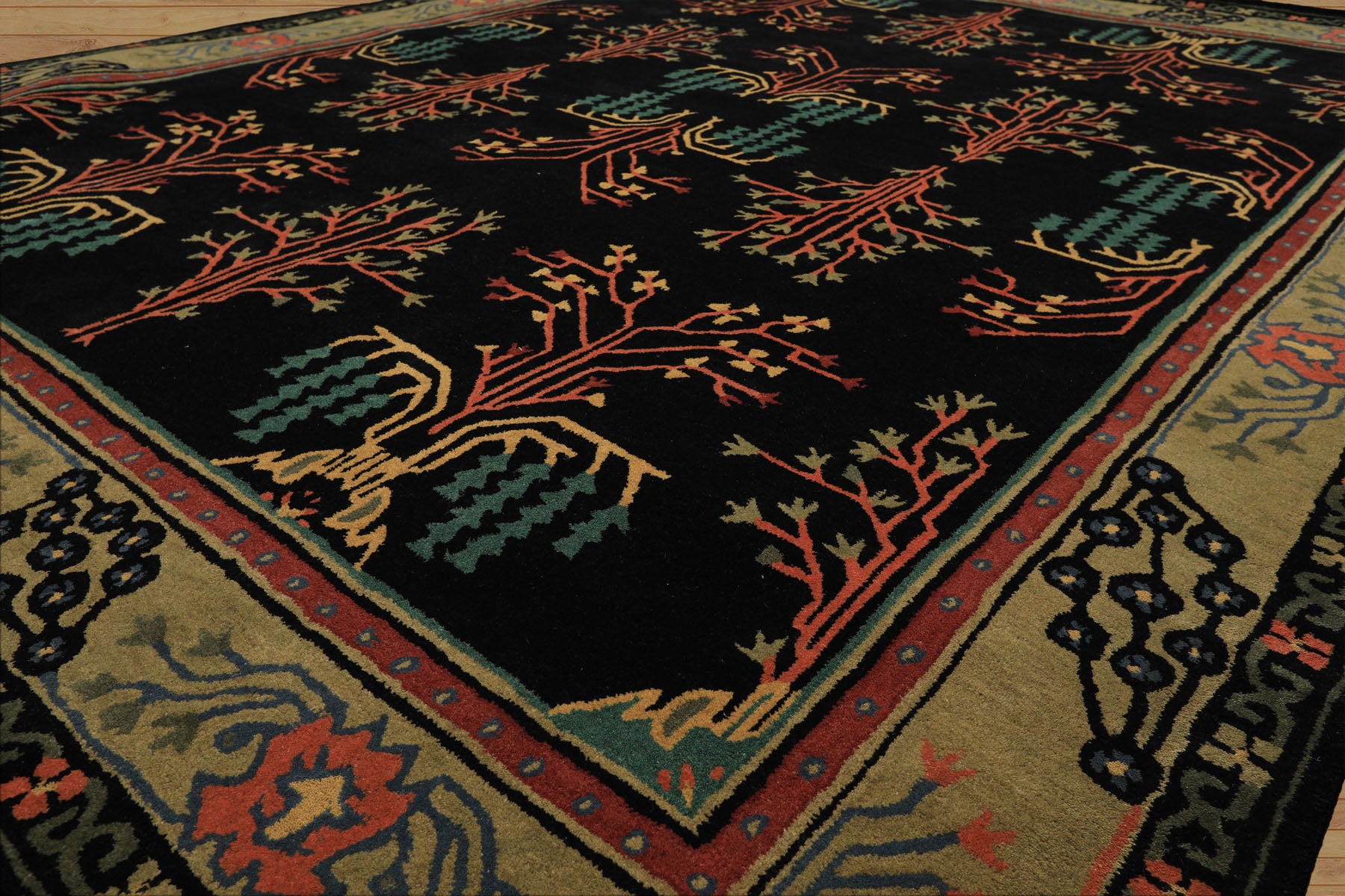 Multi Size Black Pistachio Turquoise Color Hand Tufted Donegal Wool Traditional Oriental Rug