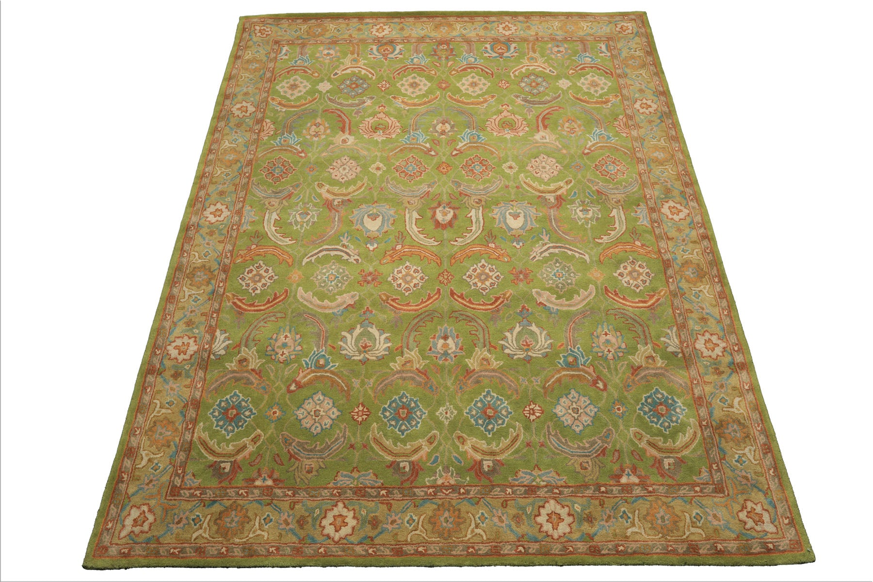 Multi Size Lime Ivory Turquoise Color Hand Tufted William Morris Wool Arts & Crafts Oriental Rug