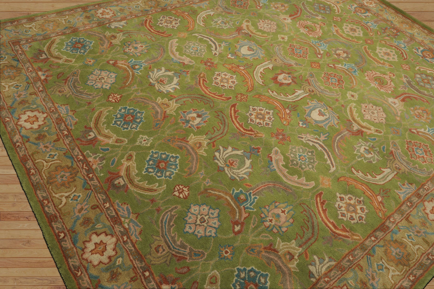 Multi Size Lime Ivory Turquoise Color Hand Tufted William Morris Wool Arts & Crafts Oriental Rug