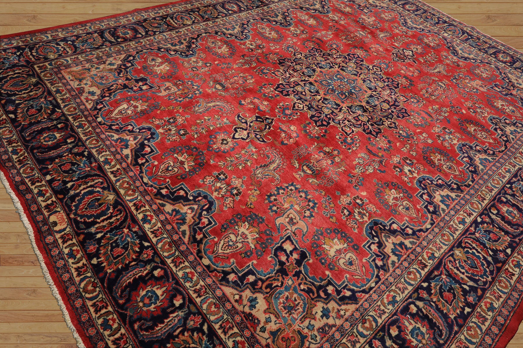 9x12 Coral, Navy, Ivory Color Hand Knotted Kashan Wool Traditional Oriental Rug