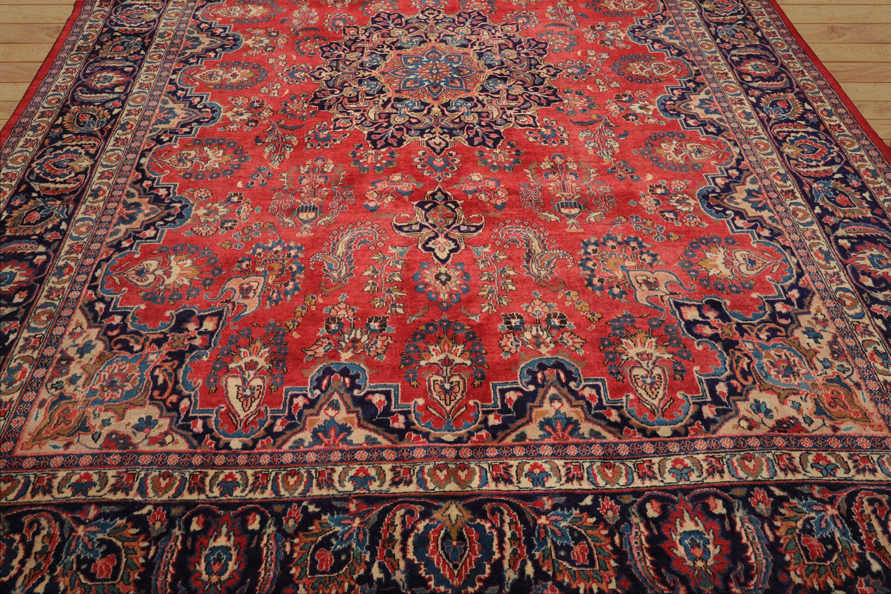 9x12 Coral, Navy, Ivory Color Hand Knotted Kashan Wool Traditional Oriental Rug