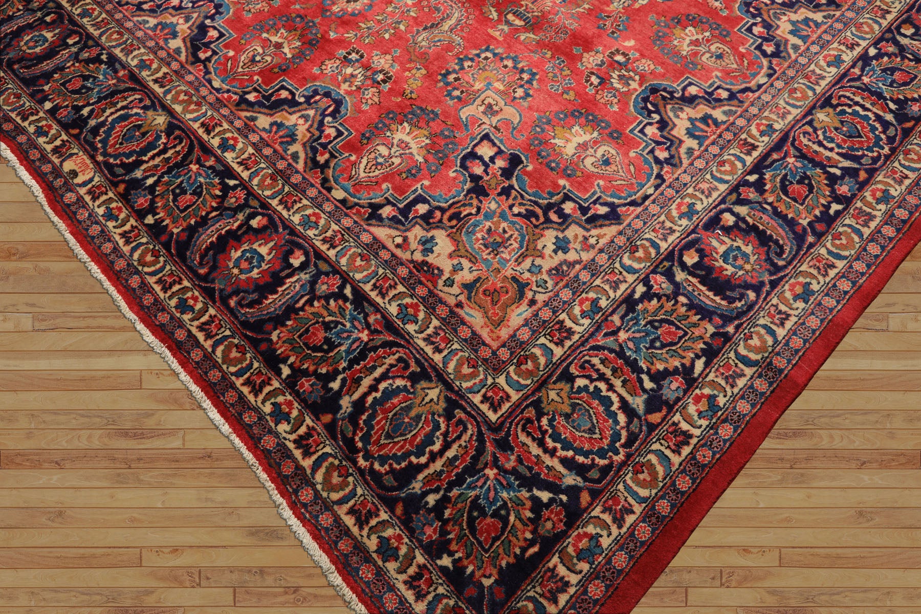 9x12 Coral, Navy, Ivory Color Hand Knotted Kashan Wool Traditional Oriental Rug