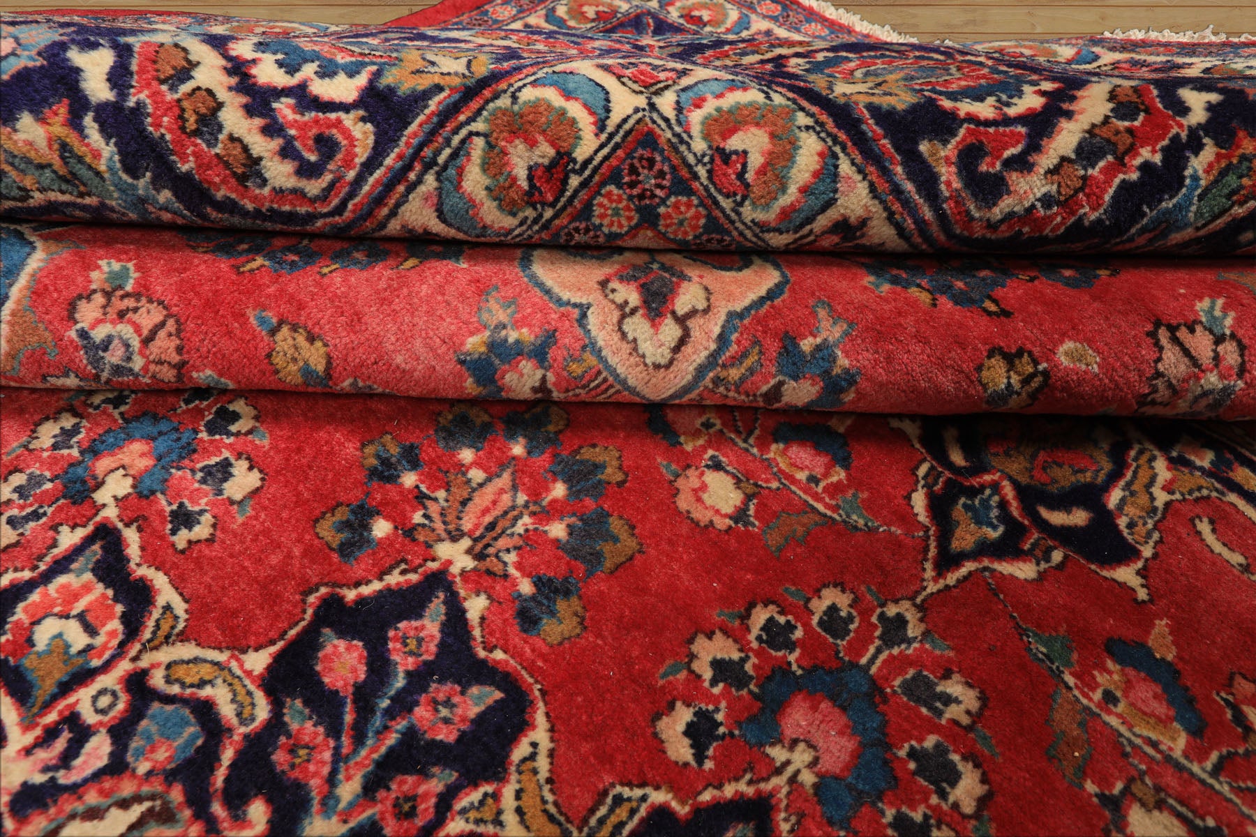 9x12 Coral, Navy, Ivory Color Hand Knotted Kashan Wool Traditional Oriental Rug