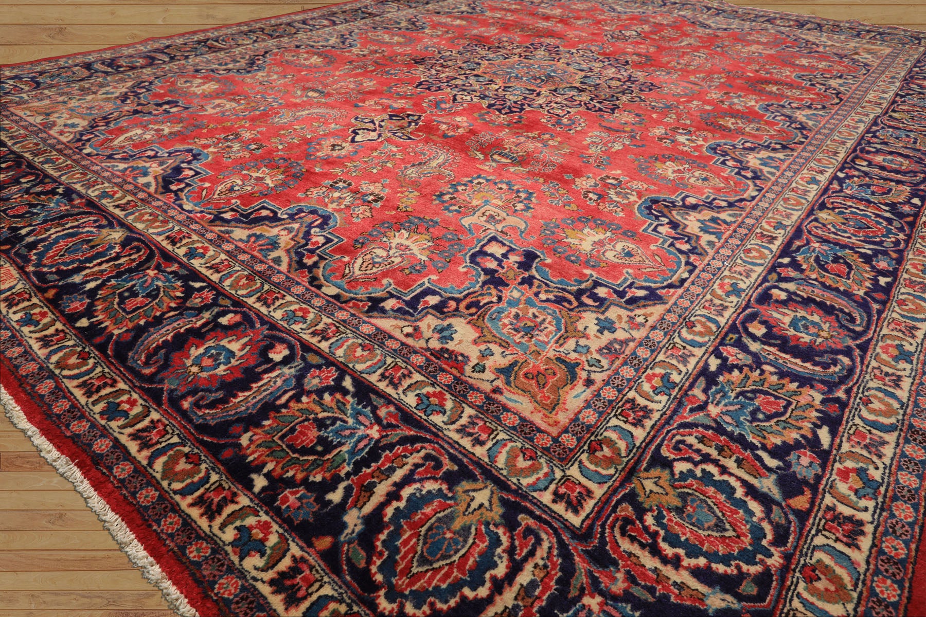 9x12 Coral, Navy, Ivory Color Hand Knotted Kashan Wool Traditional Oriental Rug