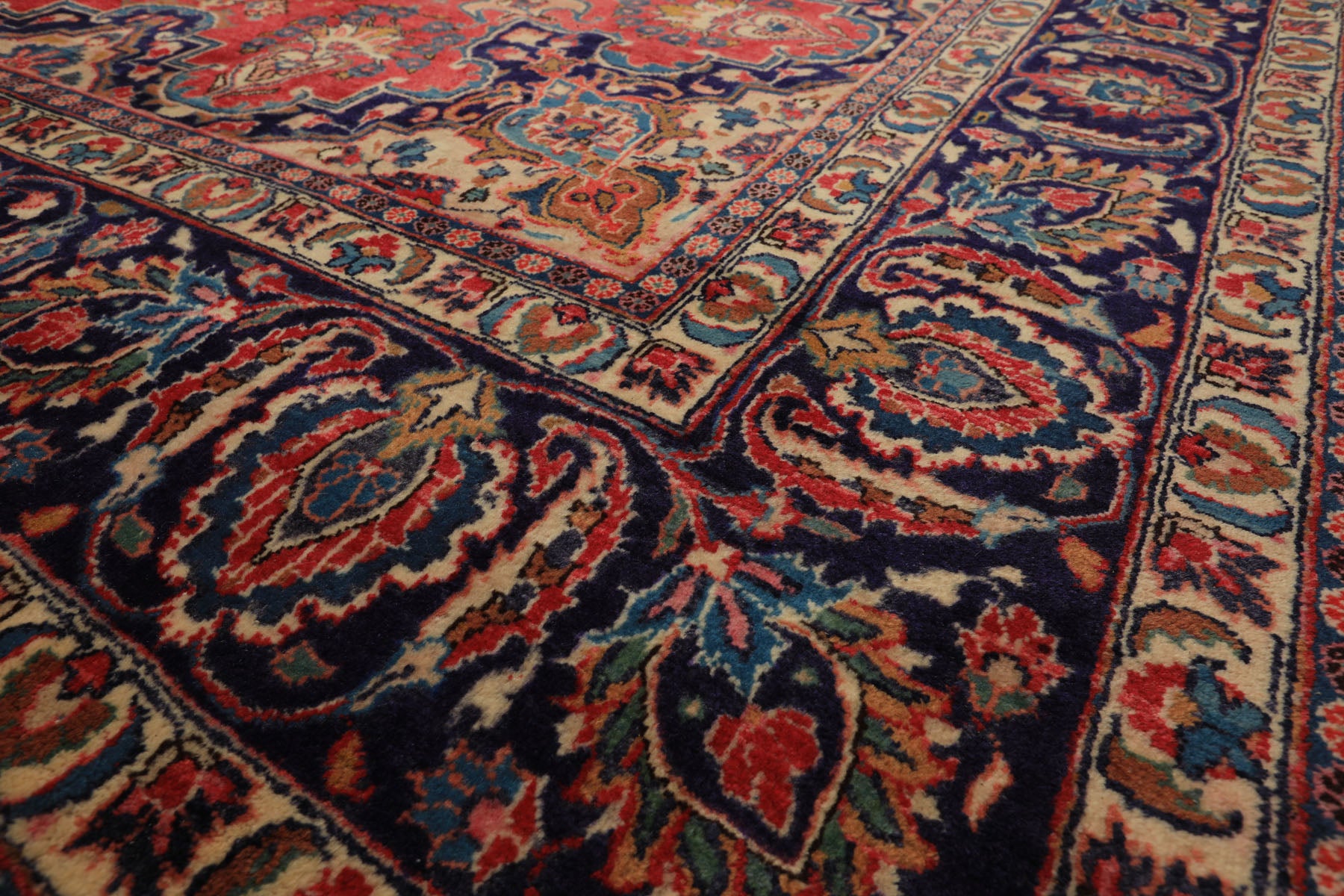 9x12 Coral, Navy, Ivory Color Hand Knotted Kashan Wool Traditional Oriental Rug