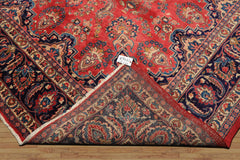9x12 Coral, Navy, Ivory Color Hand Knotted Kashan Wool Traditional Oriental Rug
