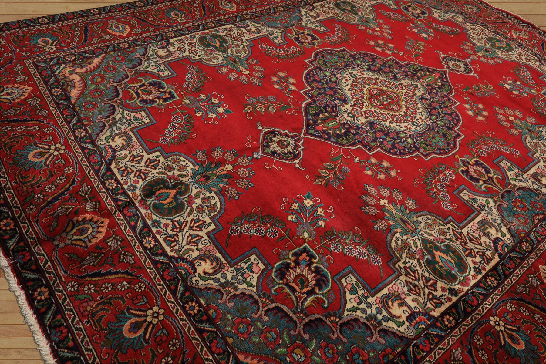 9x12 Red, Ivory, Aqua Color Hand Knotted Tabriz Wool Traditional Oriental Rug