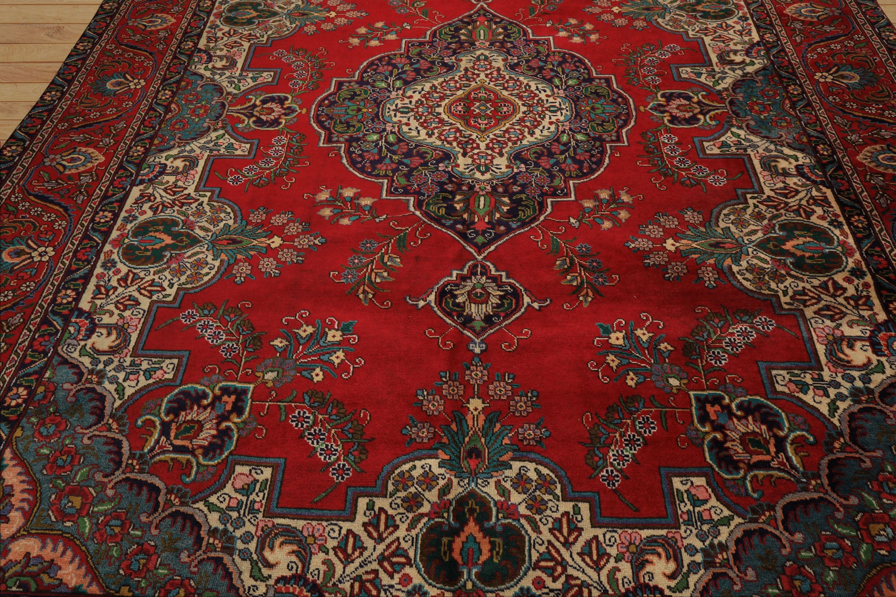 9x12 Red, Ivory, Aqua Color Hand Knotted Tabriz Wool Traditional Oriental Rug