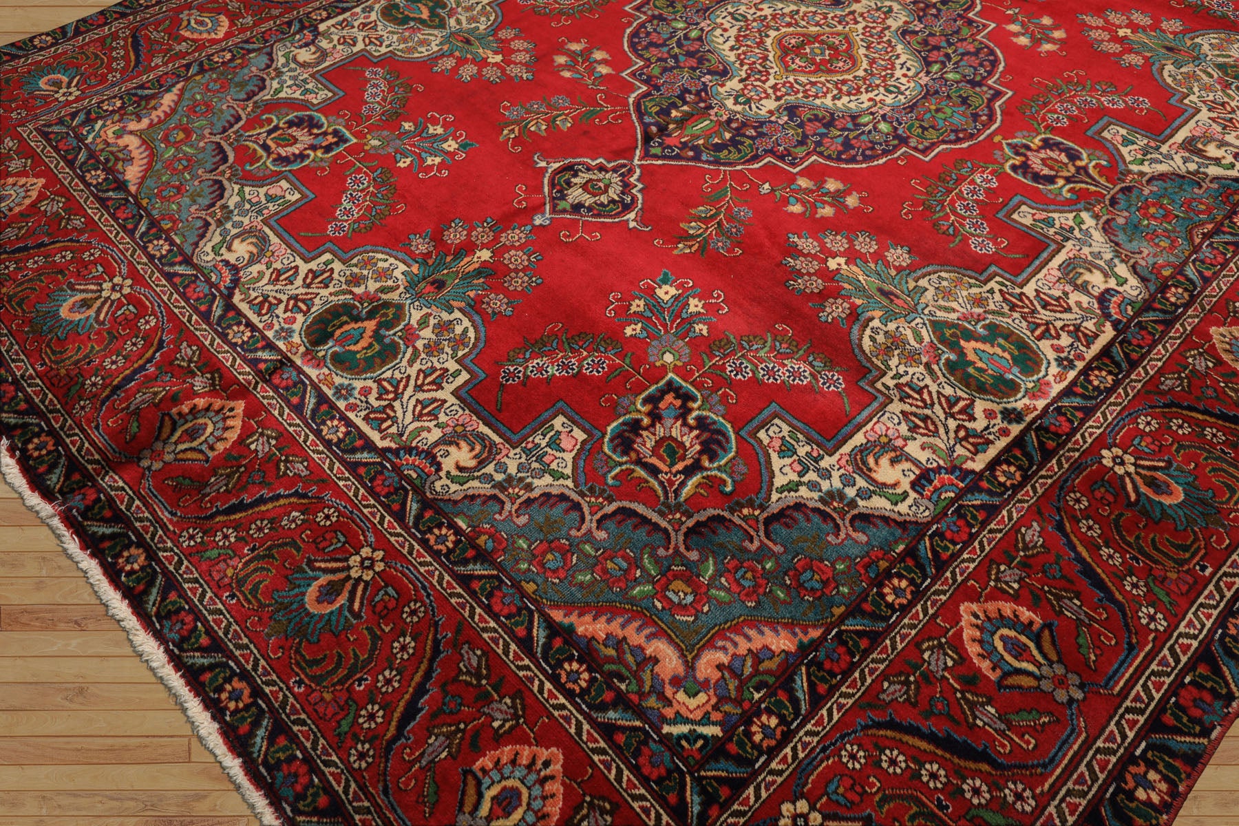 9x12 Red, Ivory, Aqua Color Hand Knotted Tabriz Wool Traditional Oriental Rug