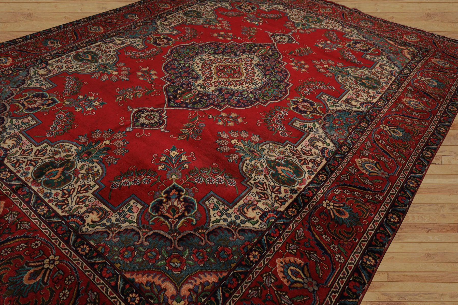 9x12 Red, Ivory, Aqua Color Hand Knotted Tabriz Wool Traditional Oriental Rug