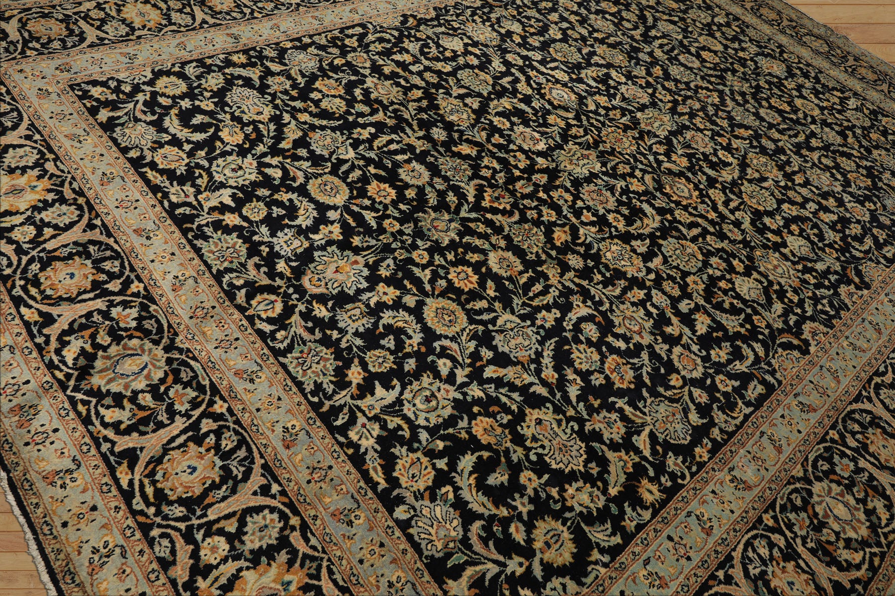 10x14 Black, Ivory, Mint Color Hand Knotted Kashan Wool Traditional Oriental Rug