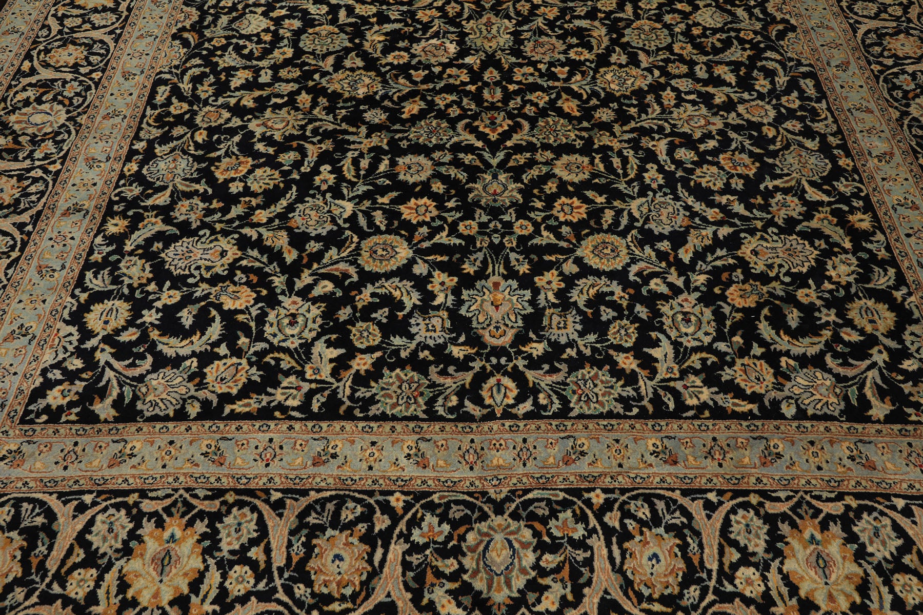 10x14 Black, Ivory, Mint Color Hand Knotted Kashan Wool Traditional Oriental Rug