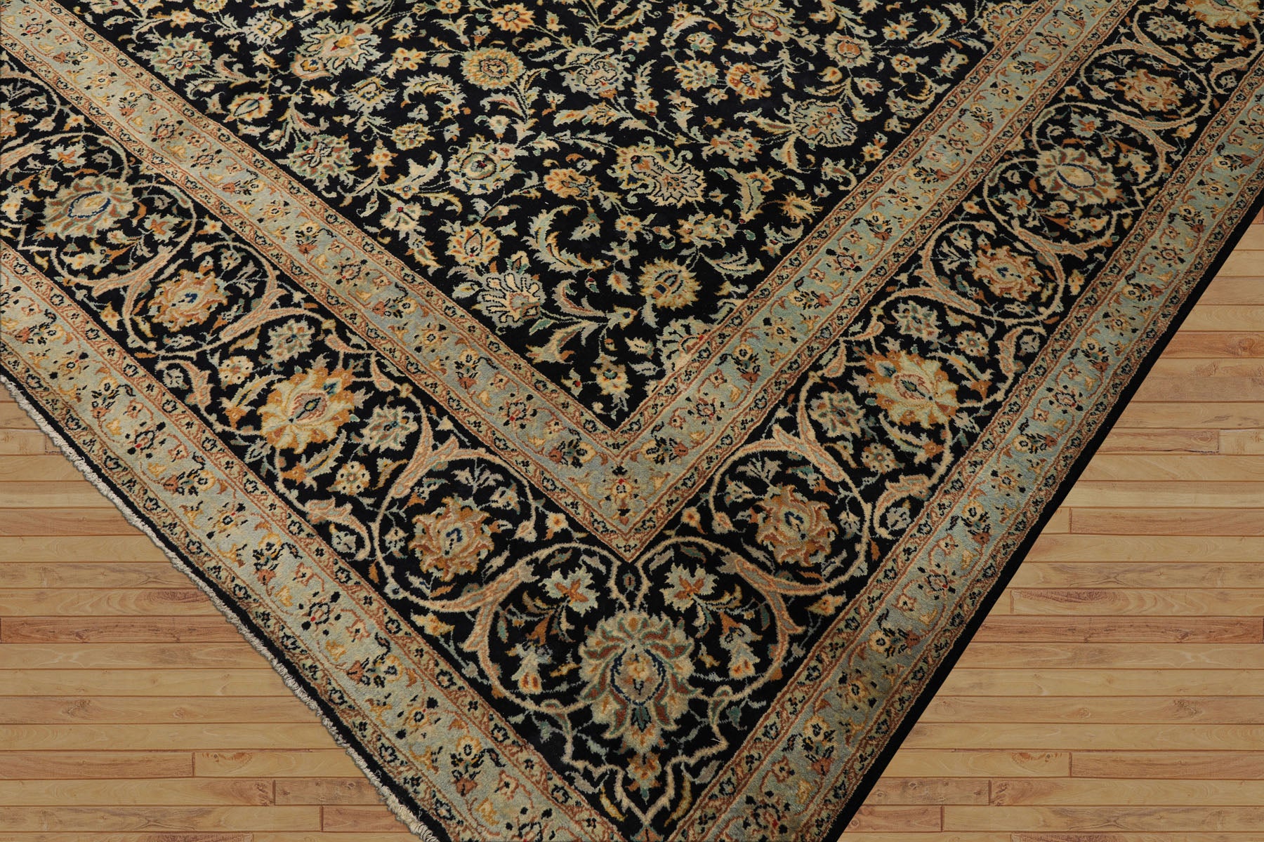 10x14 Black, Ivory, Mint Color Hand Knotted Kashan Wool Traditional Oriental Rug