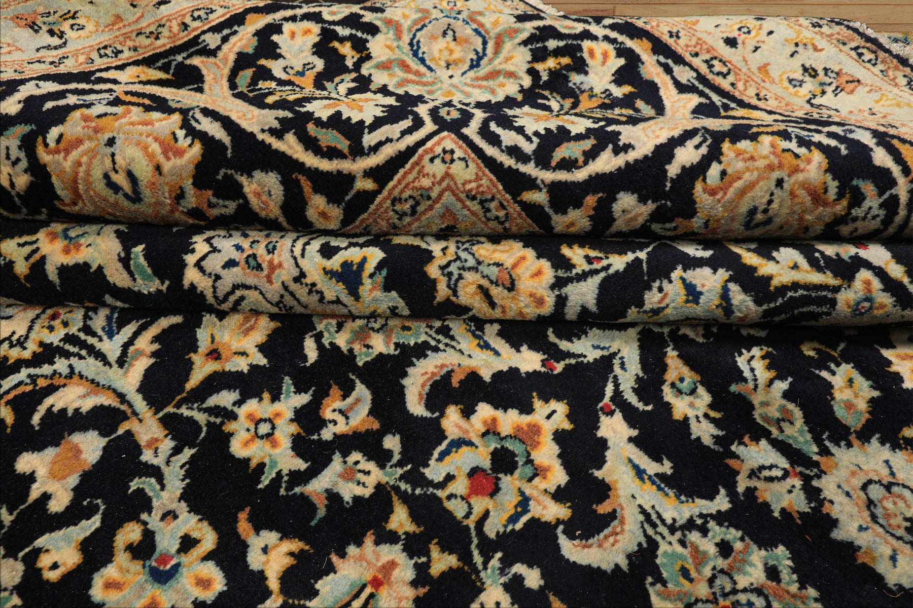 10x14 Black, Ivory, Mint Color Hand Knotted Kashan Wool Traditional Oriental Rug