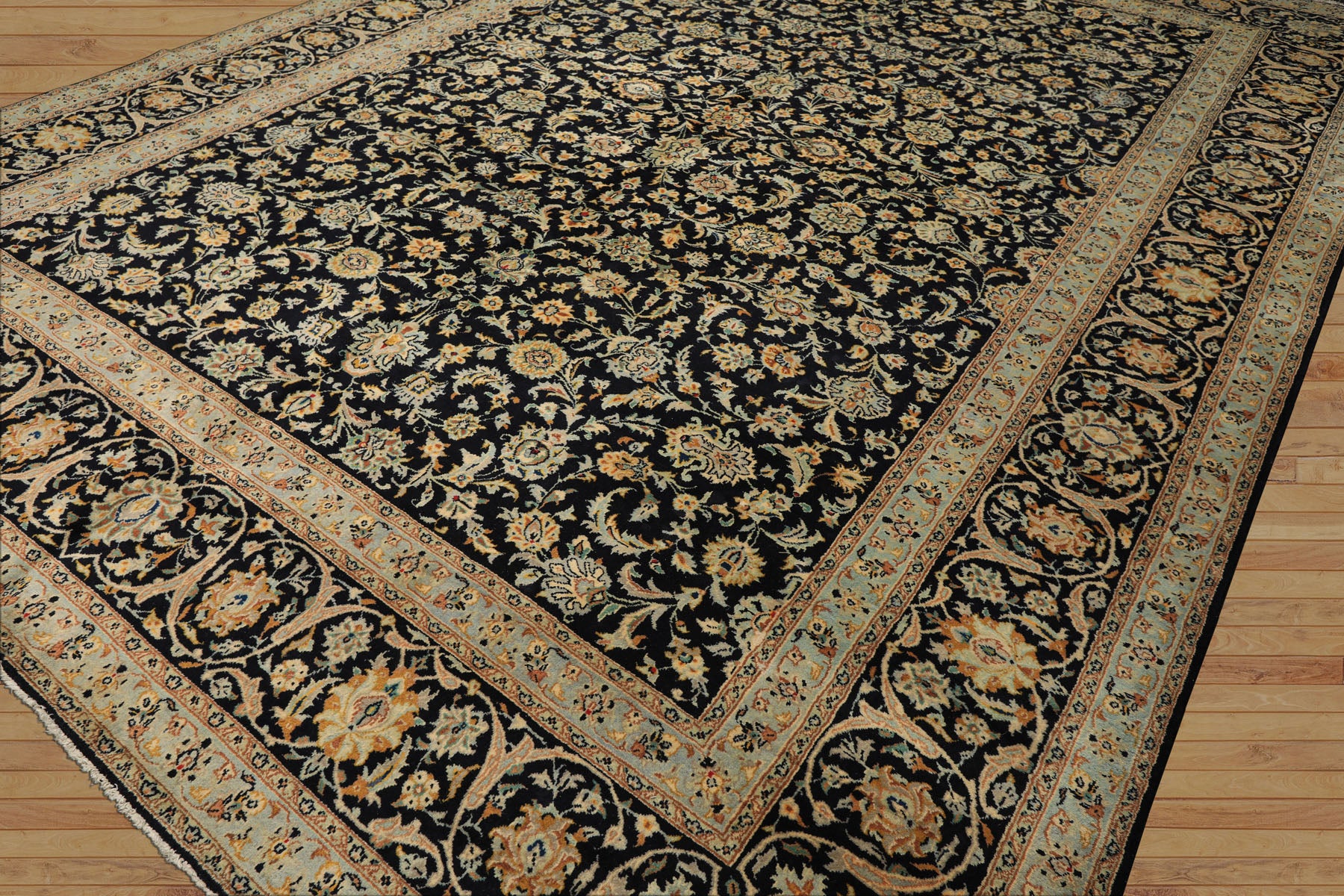 10x14 Black, Ivory, Mint Color Hand Knotted Kashan Wool Traditional Oriental Rug