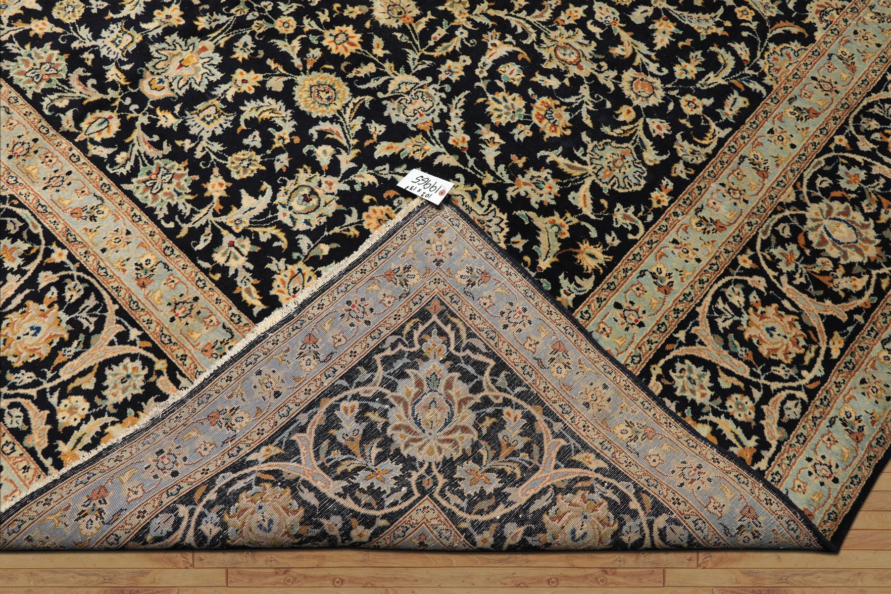 10x14 Black, Ivory, Mint Color Hand Knotted Kashan Wool Traditional Oriental Rug