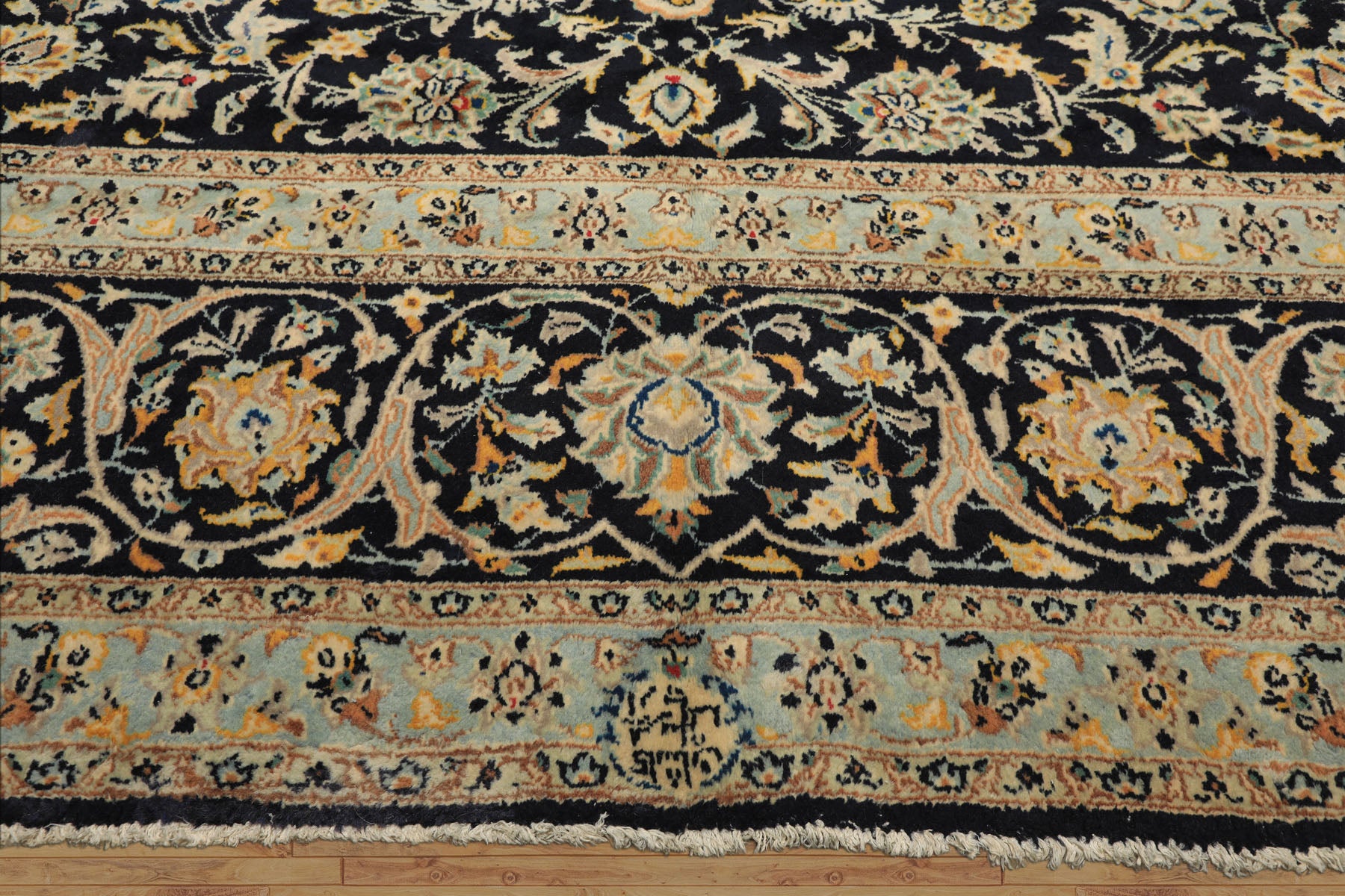 10x14 Black, Ivory, Mint Color Hand Knotted Kashan Wool Traditional Oriental Rug