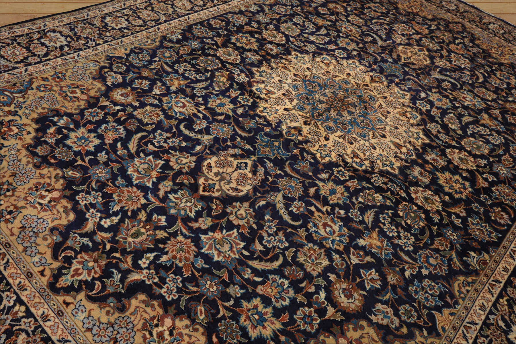 9x13 Navy, Ivory, Beige Color Hand Knotted Kashan Wool Traditional Oriental Rug