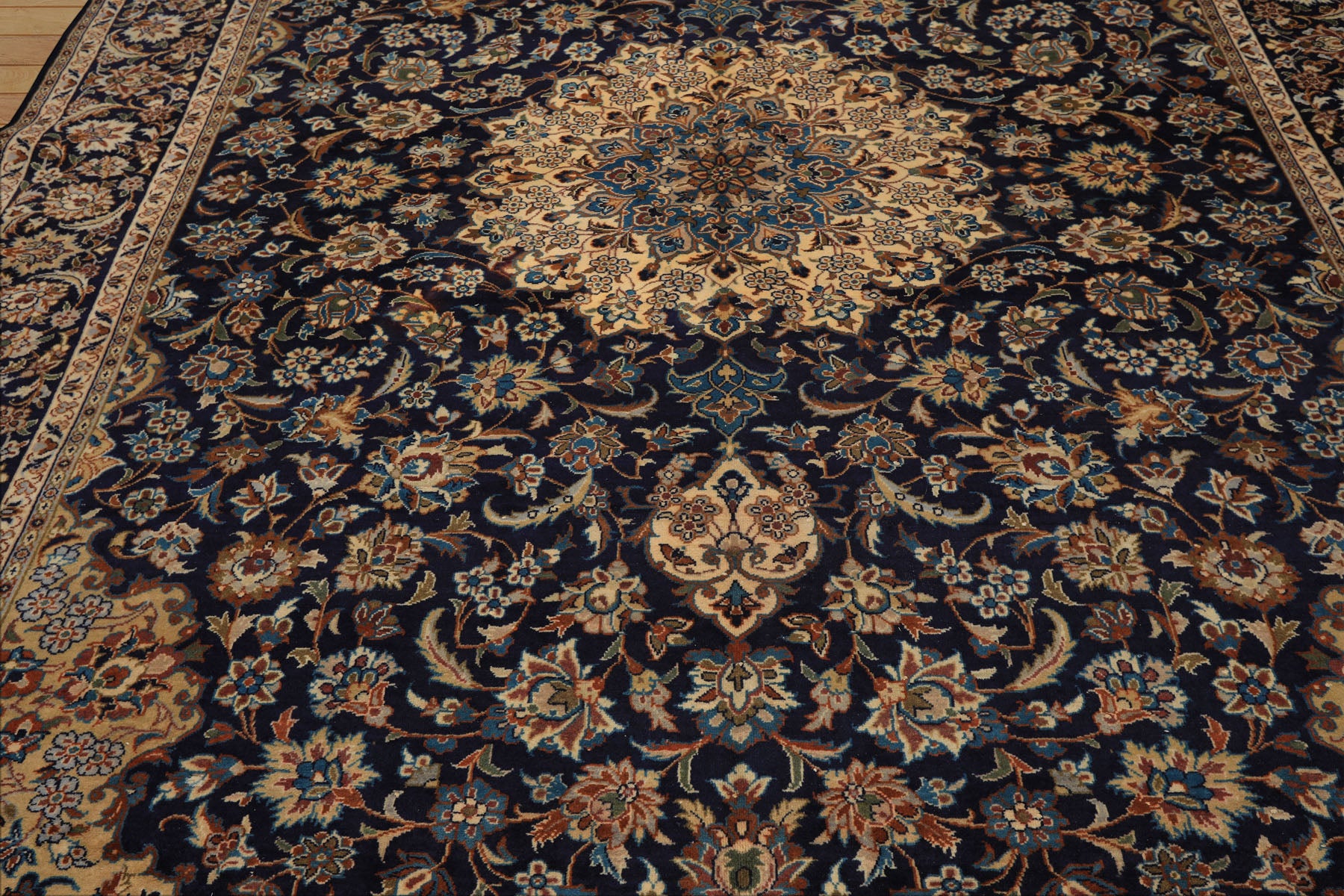 9x13 Navy, Ivory, Beige Color Hand Knotted Kashan Wool Traditional Oriental Rug