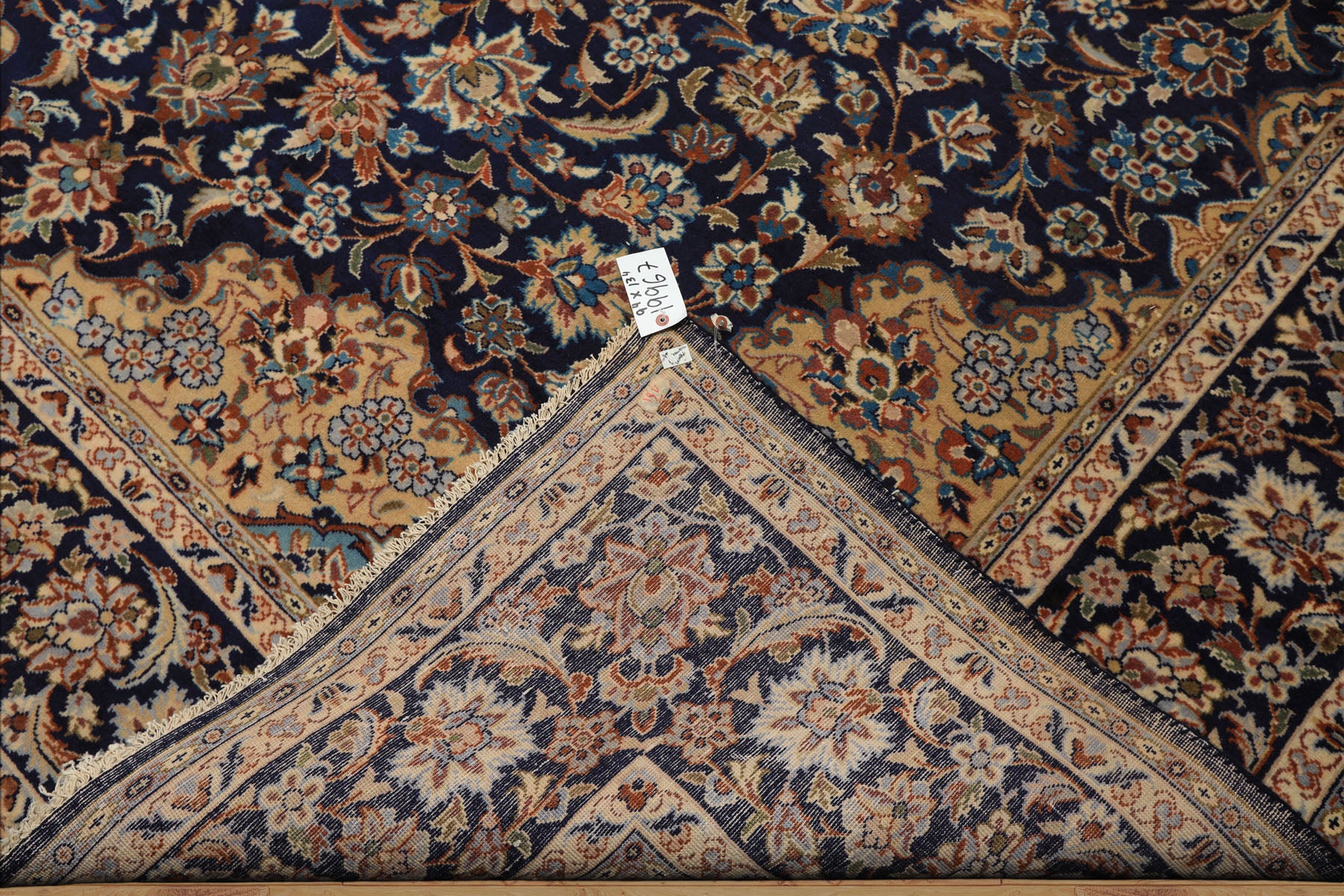 9x13 Navy, Ivory, Beige Color Hand Knotted Kashan Wool Traditional Oriental Rug