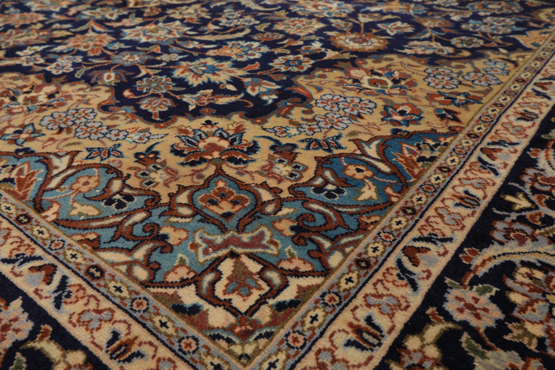 9x13 Navy, Ivory, Beige Color Hand Knotted Kashan Wool Traditional Oriental Rug