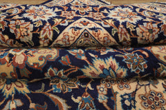 9x13 Navy, Ivory, Beige Color Hand Knotted Kashan Wool Traditional Oriental Rug