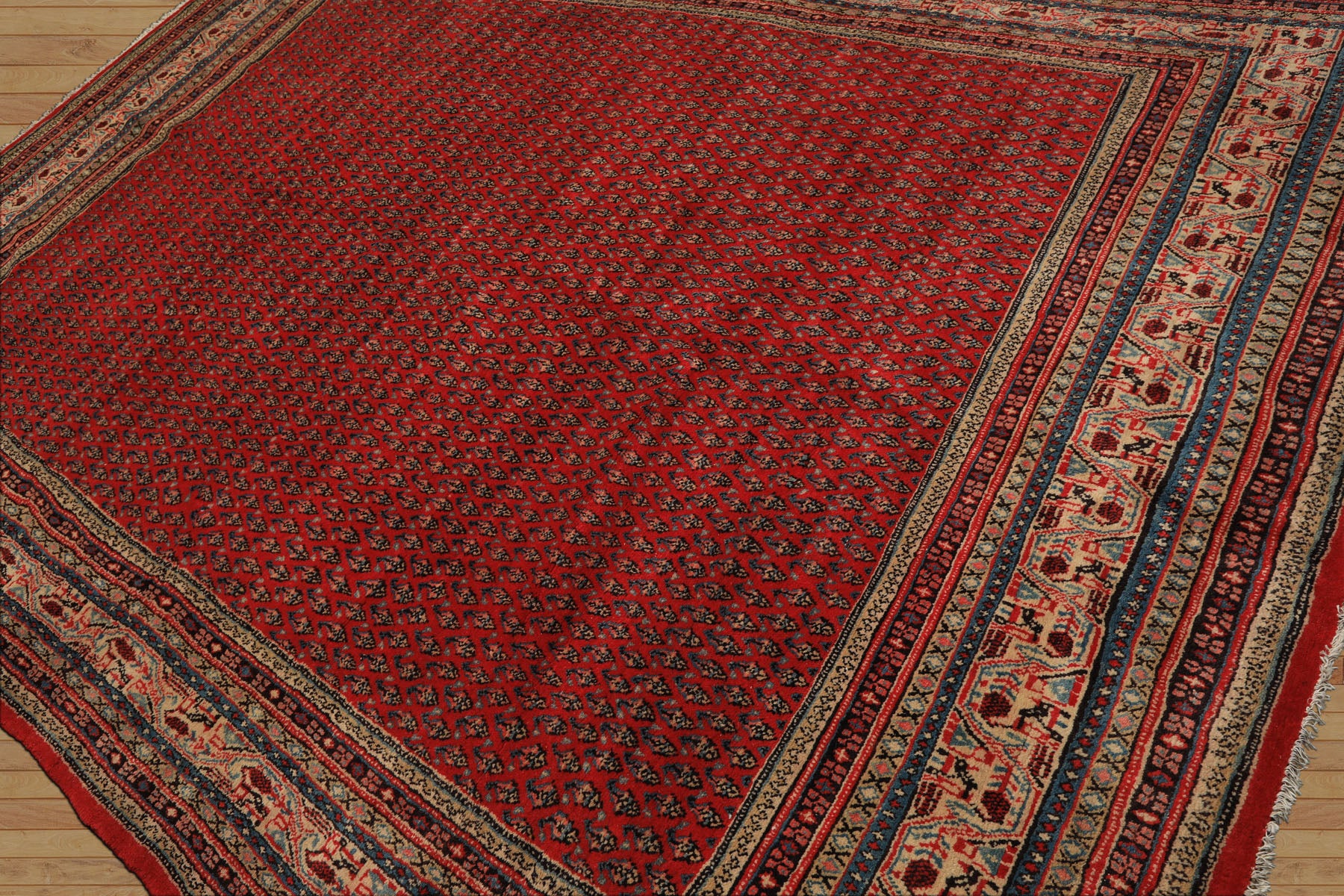 7x11 Tomato Red, Beige, Aqua Color Hand Knotted Persian Boteh Wool Traditional Oriental Rug