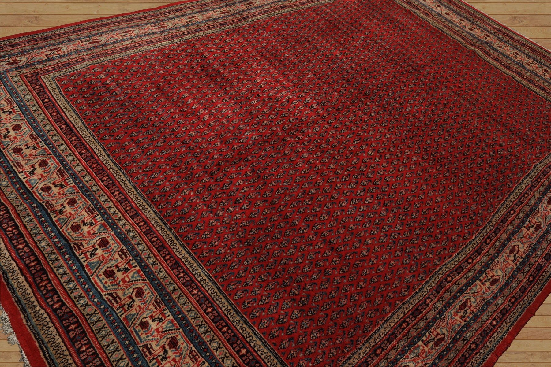 7x11 Tomato Red, Beige, Aqua Color Hand Knotted Persian Boteh Wool Traditional Oriental Rug