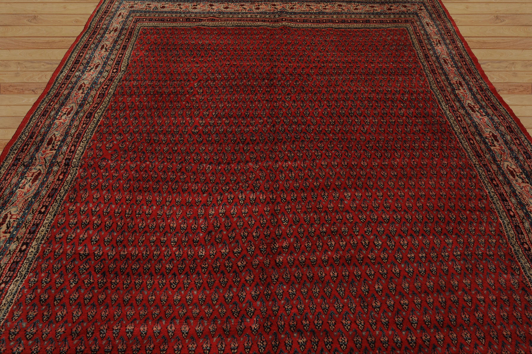7x11 Tomato Red, Beige, Aqua Color Hand Knotted Persian Boteh Wool Traditional Oriental Rug