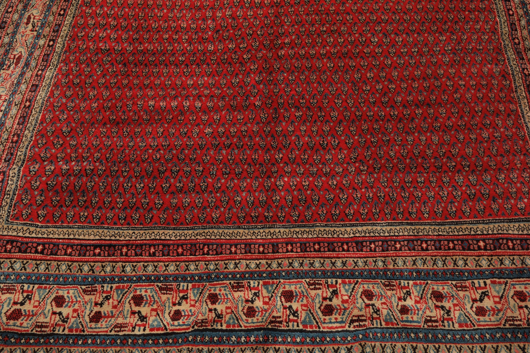 7x11 Tomato Red, Beige, Aqua Color Hand Knotted Persian Boteh Wool Traditional Oriental Rug