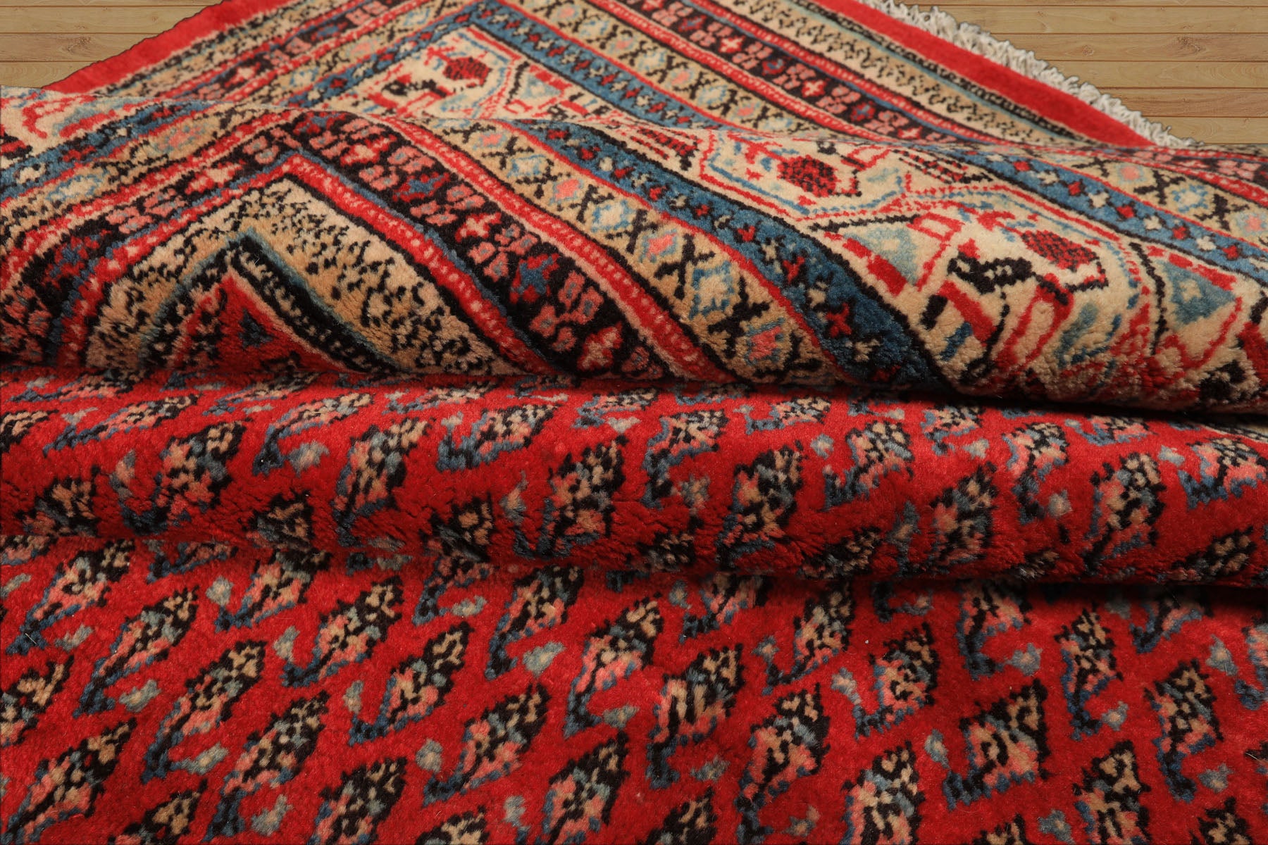 7x11 Tomato Red, Beige, Aqua Color Hand Knotted Persian Boteh Wool Traditional Oriental Rug